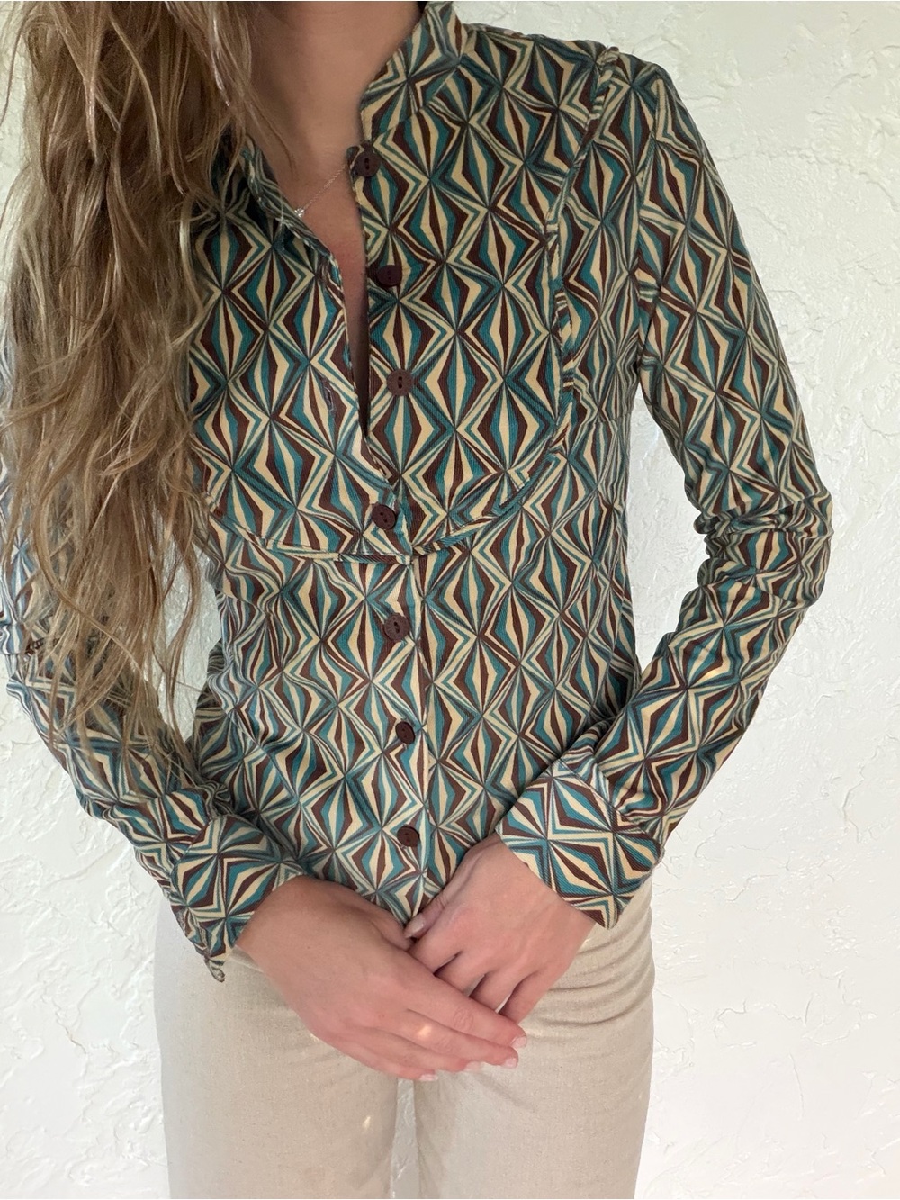 Totem Multicolor Geometric Button-Down Shirt in Teal, Brown & Cream